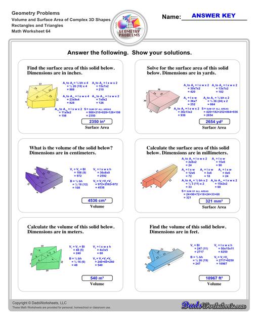 The volume and surface area worksheets on this page start with requiring students to calculate area and perimeter of basic solids such as cubes, prisms, cones and spheres. Additional worksheets with compound shapes require students to calculate missing dimensions and use problem solving skills and strategies to calculate volume and surface area. Rectangles And Triangles V4