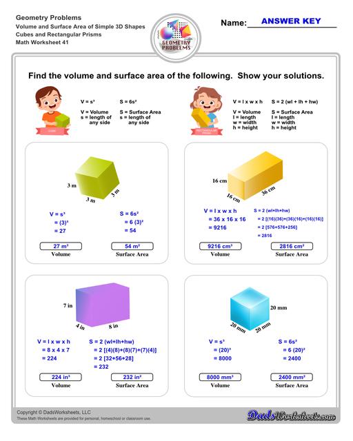 The volume and surface area worksheets on this page start with requiring students to calculate area and perimeter of basic solids such as cubes, prisms, cones and spheres. Additional worksheets with compound shapes require students to calculate missing dimensions and use problem solving skills and strategies to calculate volume and surface area. Cubes And Rectangular Prisms V1