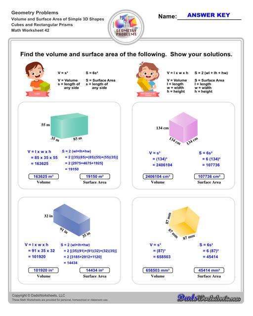 The volume and surface area worksheets on this page start with requiring students to calculate area and perimeter of basic solids such as cubes, prisms, cones and spheres. Additional worksheets with compound shapes require students to calculate missing dimensions and use problem solving skills and strategies to calculate volume and surface area. Cubes And Rectangular Prisms V2