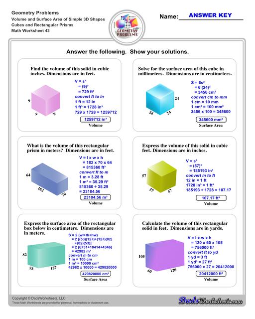 The volume and surface area worksheets on this page start with requiring students to calculate area and perimeter of basic solids such as cubes, prisms, cones and spheres. Additional worksheets with compound shapes require students to calculate missing dimensions and use problem solving skills and strategies to calculate volume and surface area. Cubes And Rectangular Prisms V3
