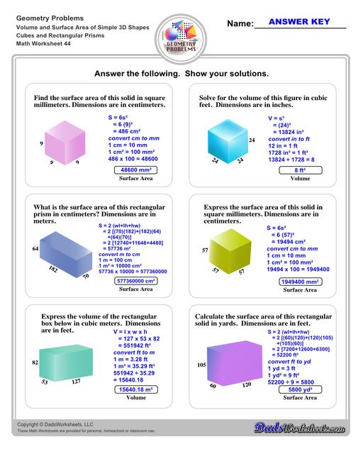 The volume and surface area worksheets on this page start with requiring students to calculate area and perimeter of basic solids such as cubes, prisms, cones and spheres. Additional worksheets with compound shapes require students to calculate missing dimensions and use problem solving skills and strategies to calculate volume and surface area. Cubes And Rectangular Prisms V4