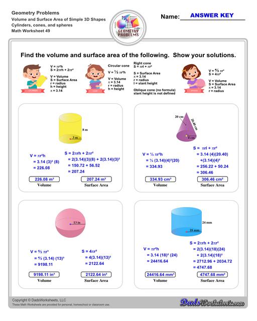 The volume and surface area worksheets on this page start with requiring students to calculate area and perimeter of basic solids such as cubes, prisms, cones and spheres. Additional worksheets with compound shapes require students to calculate missing dimensions and use problem solving skills and strategies to calculate volume and surface area. Cylinders Cones And Spheres V1