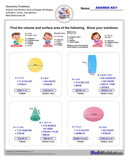 The volume and surface area worksheets on this page start with requiring students to calculate area and perimeter of basic solids such as cubes, prisms, cones and spheres. Additional worksheets with compound shapes require students to calculate missing dimensions and use problem solving skills and strategies to calculate volume and surface area. Cylinders Cones And Spheres V2