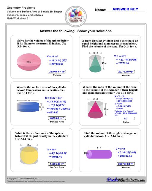 The volume and surface area worksheets on this page start with requiring students to calculate area and perimeter of basic solids such as cubes, prisms, cones and spheres. Additional worksheets with compound shapes require students to calculate missing dimensions and use problem solving skills and strategies to calculate volume and surface area. Cylinders Cones And Spheres V3