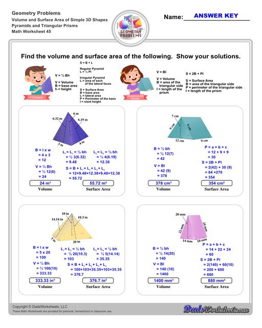The volume and surface area worksheets on this page start with requiring students to calculate area and perimeter of basic solids such as cubes, prisms, cones and spheres. Additional worksheets with compound shapes require students to calculate missing dimensions and use problem solving skills and strategies to calculate volume and surface area. Pyramids And Triangular Prisms V1