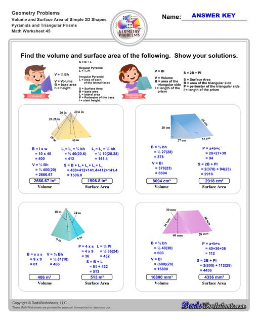 The volume and surface area worksheets on this page start with requiring students to calculate area and perimeter of basic solids such as cubes, prisms, cones and spheres. Additional worksheets with compound shapes require students to calculate missing dimensions and use problem solving skills and strategies to calculate volume and surface area. Pyramids And Triangular Prisms V2