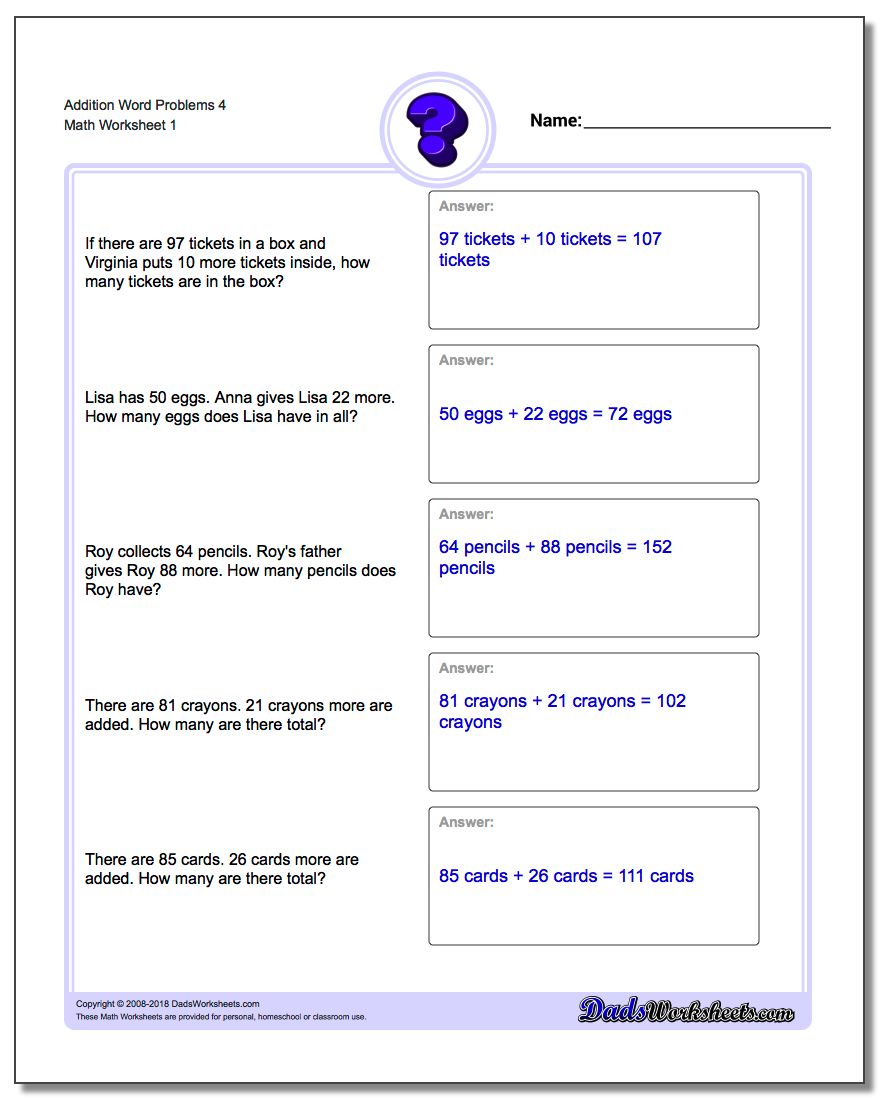 Word Problems Worksheet Addition Worksheet 4