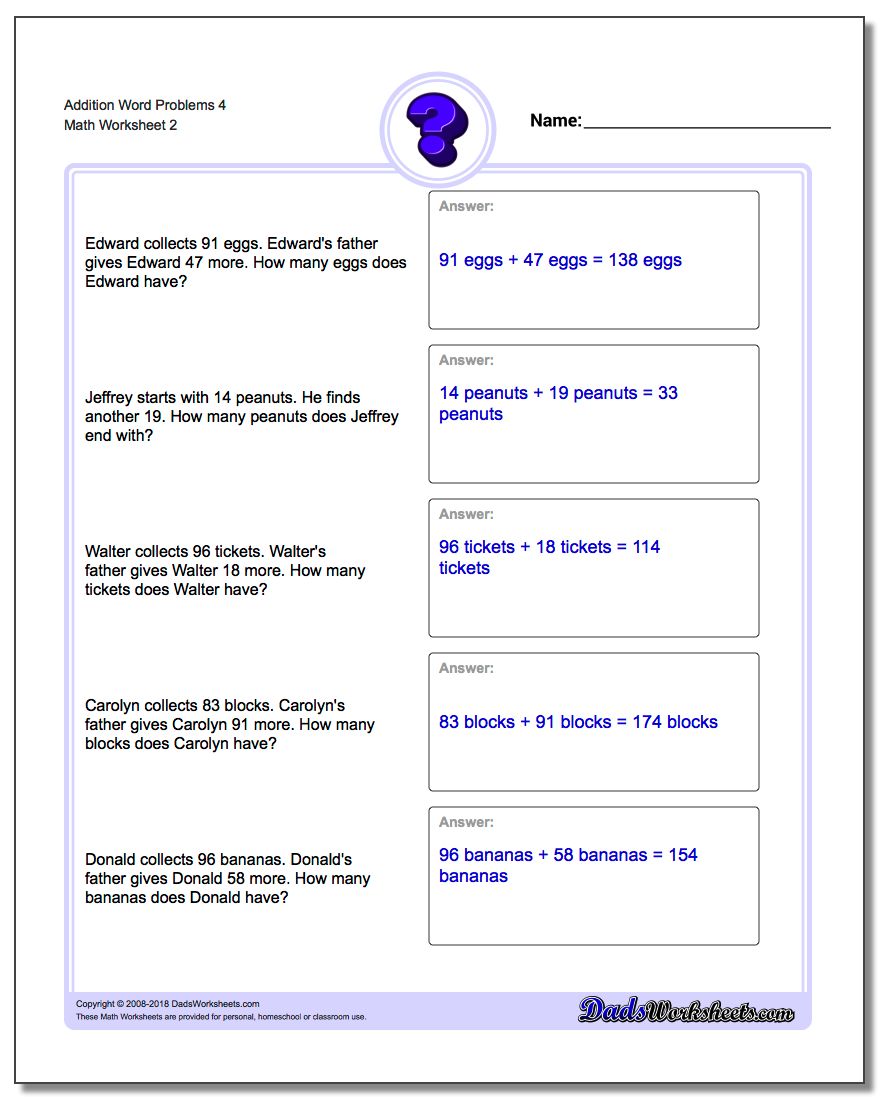 Addition Worksheet Word Problems Worksheet 4 www.dadsworksheets.com/worksheets/word-problems.html