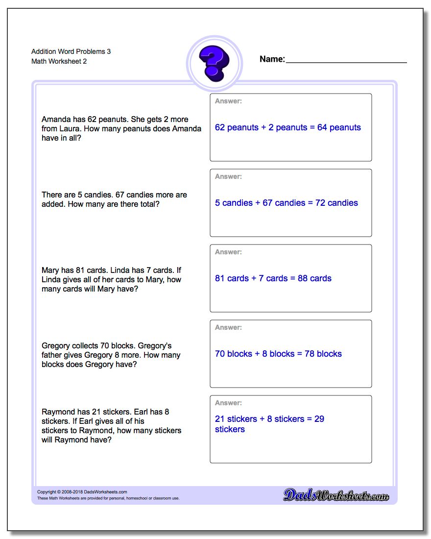Addition Worksheet Word Problems Worksheet 3 www.dadsworksheets.com/worksheets/word-problems.html