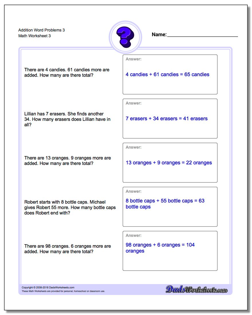 Addition Worksheet Word Problems Worksheet 3
