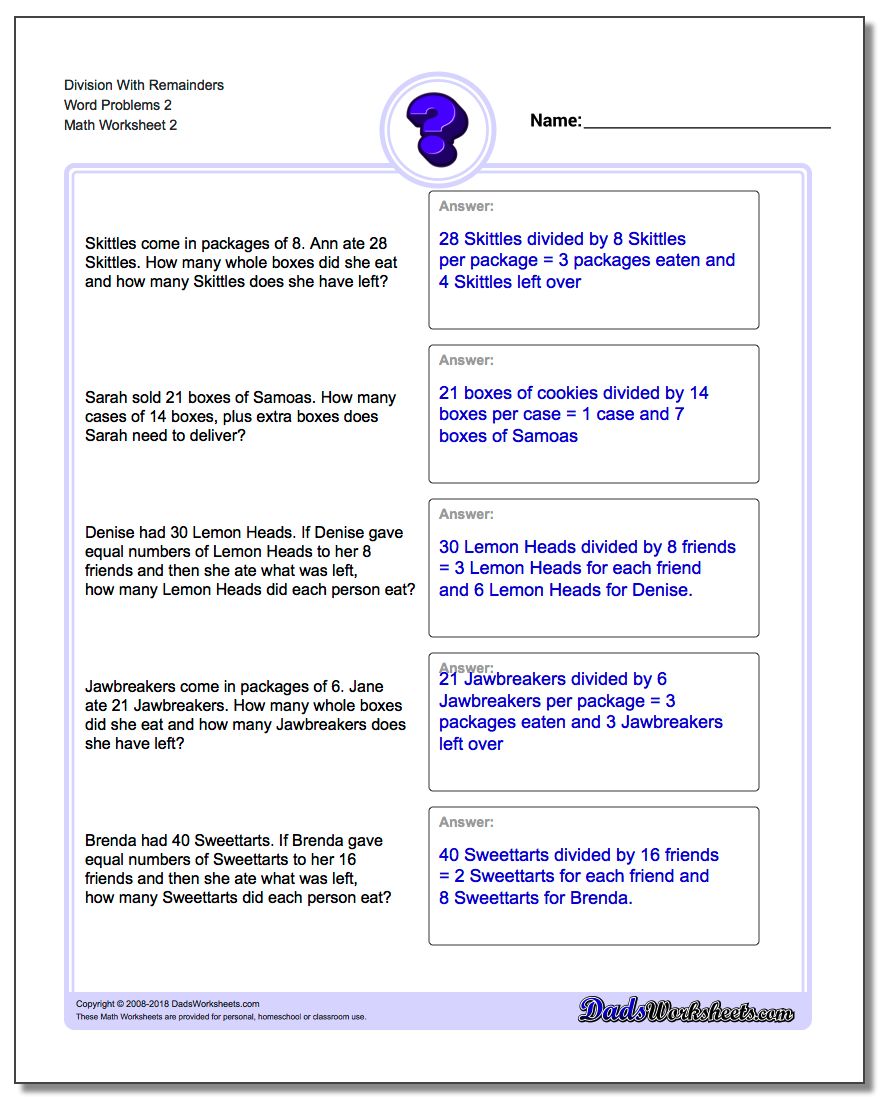 Division Worksheet With Remainders Word Problems Worksheet 2 www.dadsworksheets.com/worksheets/word-problems.html