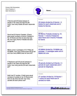 Division Worksheet With Remainders Word Problems Worksheet 3