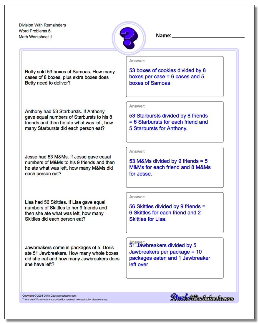 4th grade division problems with remainders