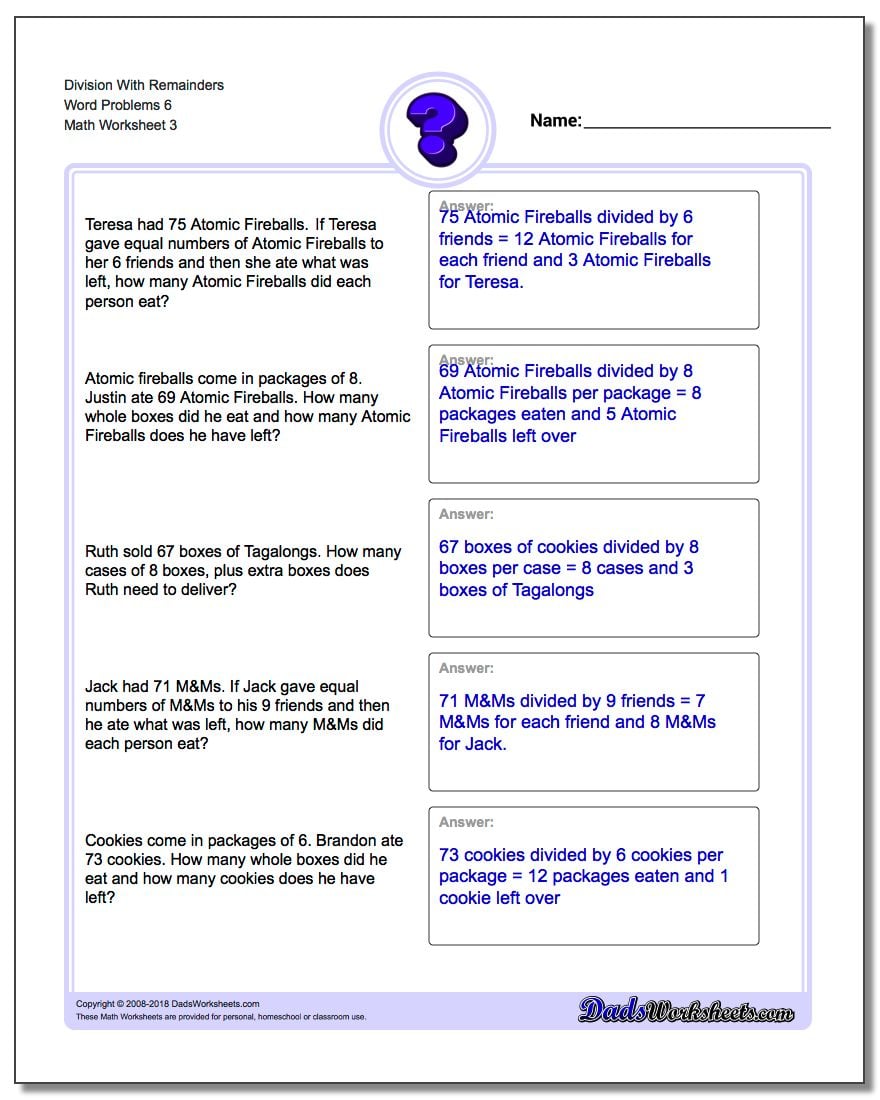 Division Worksheet With Remainders Word Problems Worksheet 6
