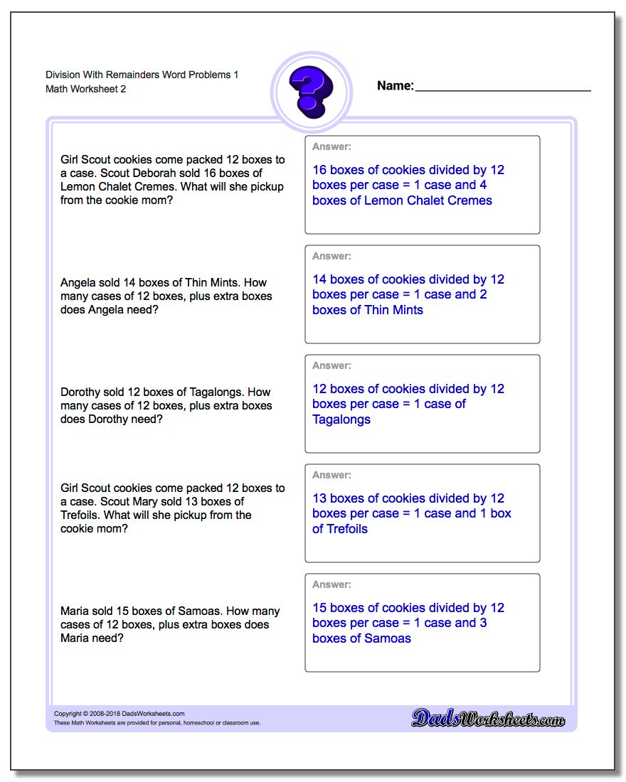 Division Worksheet With Remainders Word Problems Worksheet 1 www.dadsworksheets.com/worksheets/word-problems.html