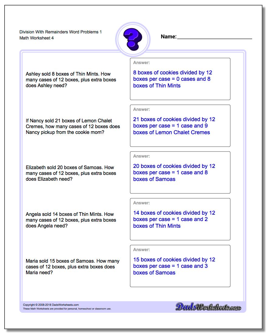 Division Worksheet With Remainders Word Problems Worksheet 1