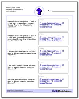 Word Problems Worksheet Girl Scout Cookie Division Worksheet Remainders 2
