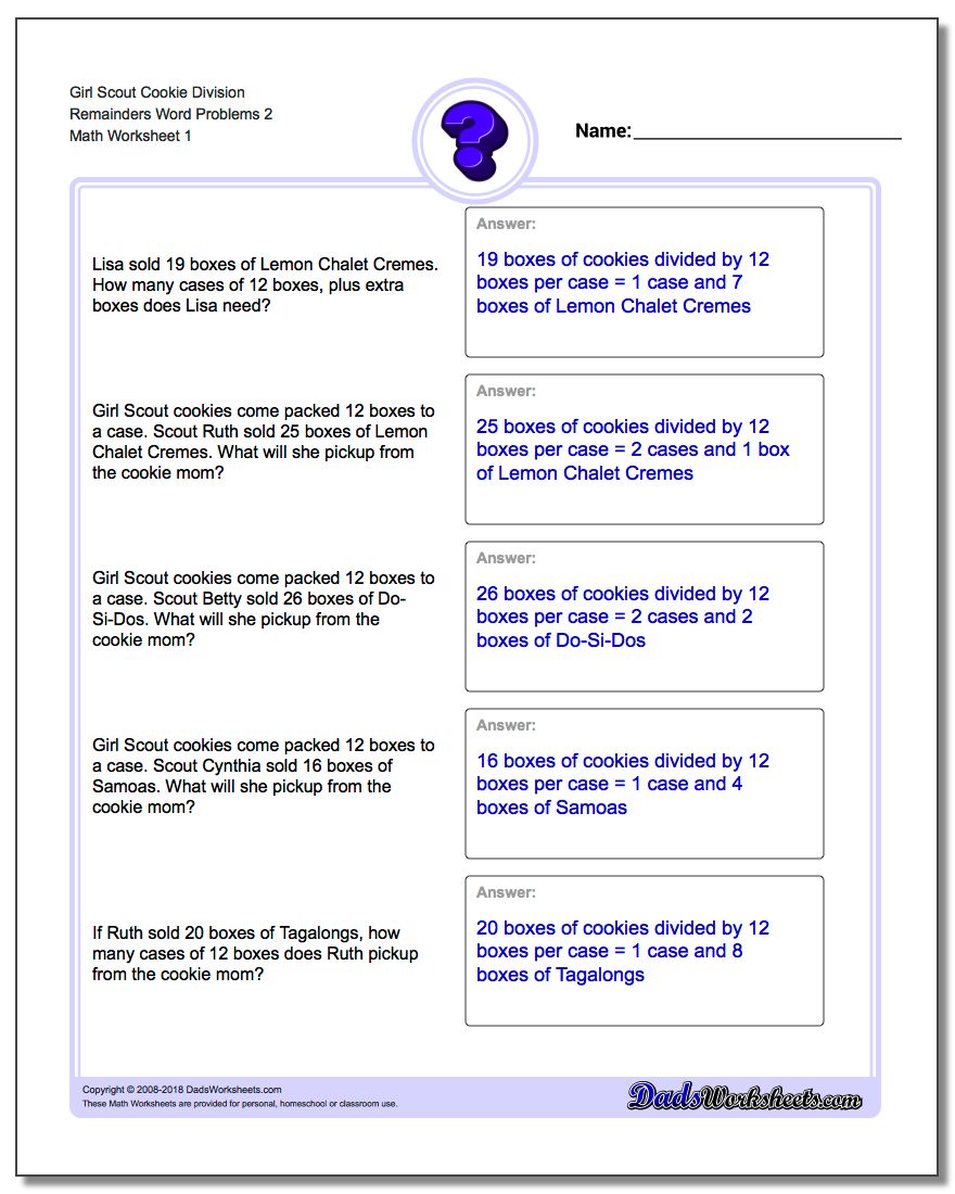 Word Problems Worksheet Girl Scout Cookie Division Worksheet Remainders 2