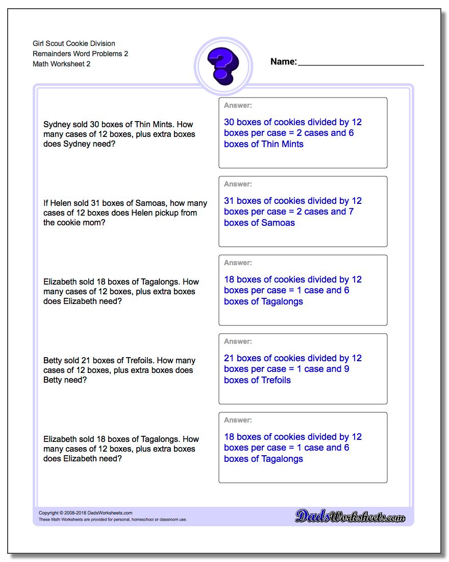 Girl Scout Cookie Division Worksheet Remainders Word Problems Worksheet 2 www.dadsworksheets.com/worksheets/word-problems.html