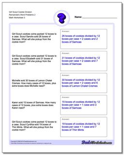 Girl Scout Cookie Division Worksheet Remainders Word Problems Worksheet 2