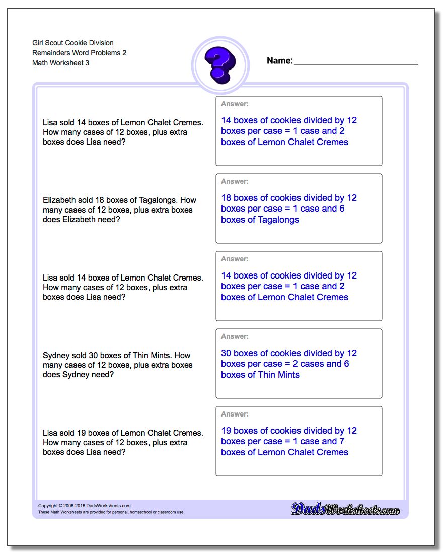 Girl Scout Cookie Division Worksheet Remainders Word Problems Worksheet 2