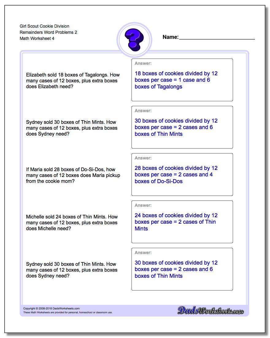 Girl Scout Cookie Division Worksheet Remainders Word Problems Worksheet 2