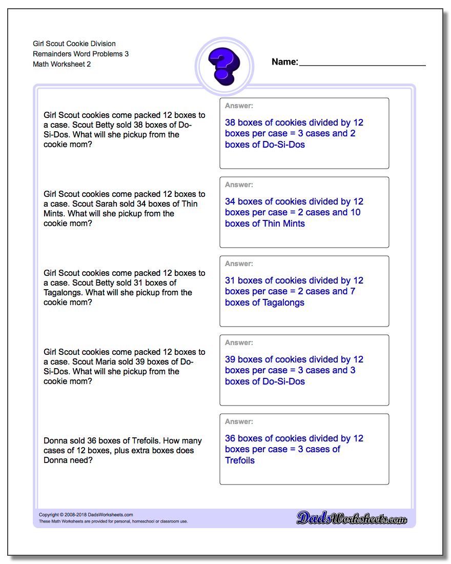 Girl Scout Cookie Division Worksheet Remainders Word Problems Worksheet 3 www.dadsworksheets.com/worksheets/word-problems.html