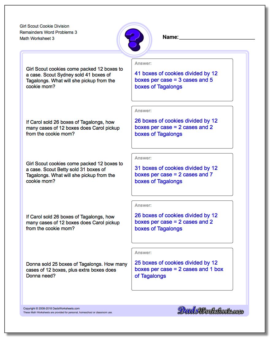 Girl Scout Cookie Division Worksheet Remainders Word Problems Worksheet 3