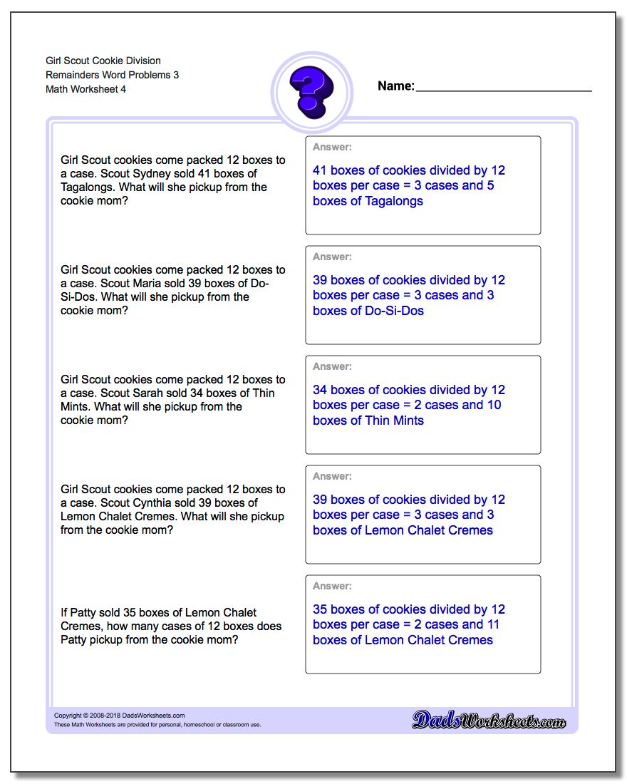 Girl Scout Cookie Division Worksheet Remainders Word Problems Worksheet 3