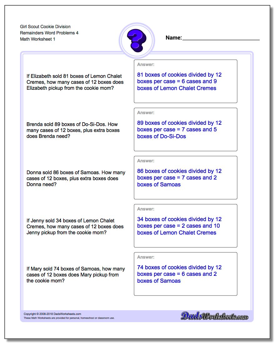 Word Problems Worksheet Girl Scout Cookie Division Worksheet Remainders 4