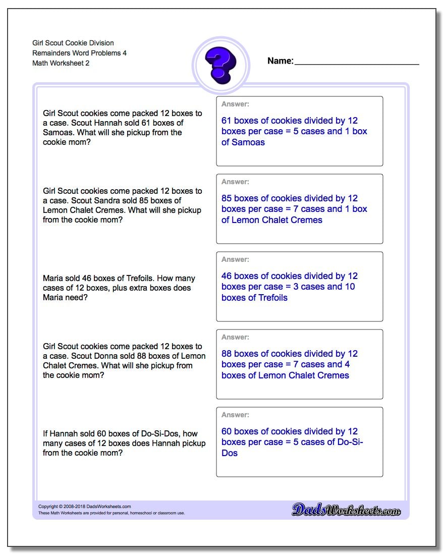 Girl Scout Cookie Division Worksheet Remainders Word Problems Worksheet 4 www.dadsworksheets.com/worksheets/word-problems.html