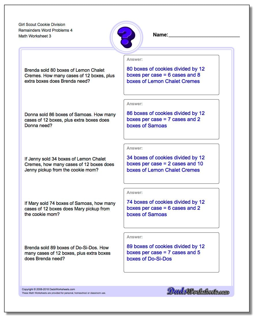 Girl Scout Cookie Division Worksheet Remainders Word Problems Worksheet 4