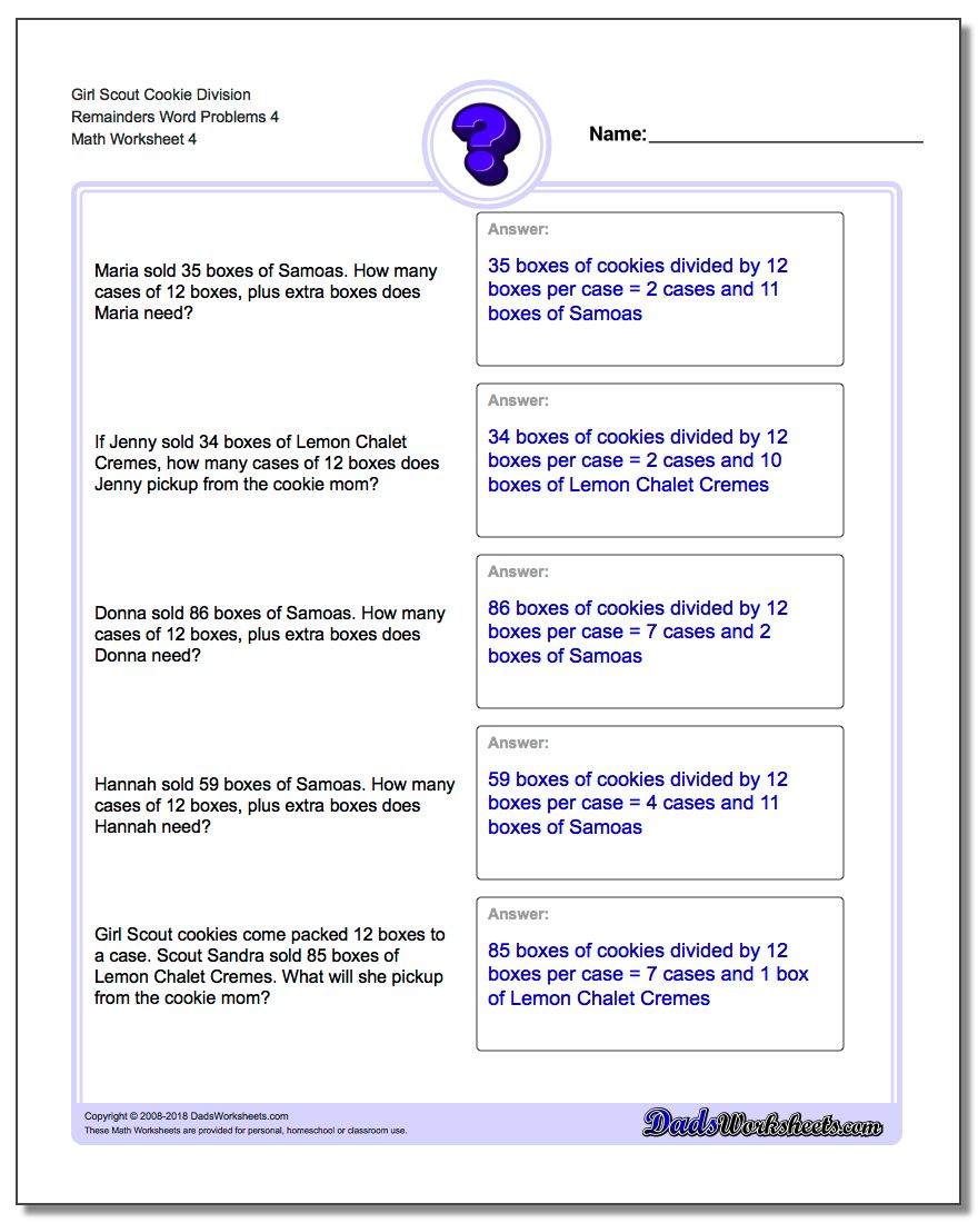 Girl Scout Cookie Division Worksheet Remainders Word Problems Worksheet 4