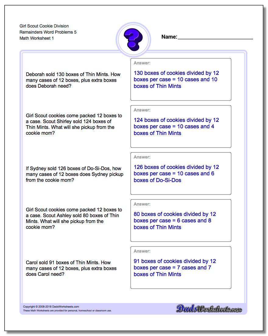 Word Problems Worksheet Girl Scout Cookie Division Worksheet Remainders 5