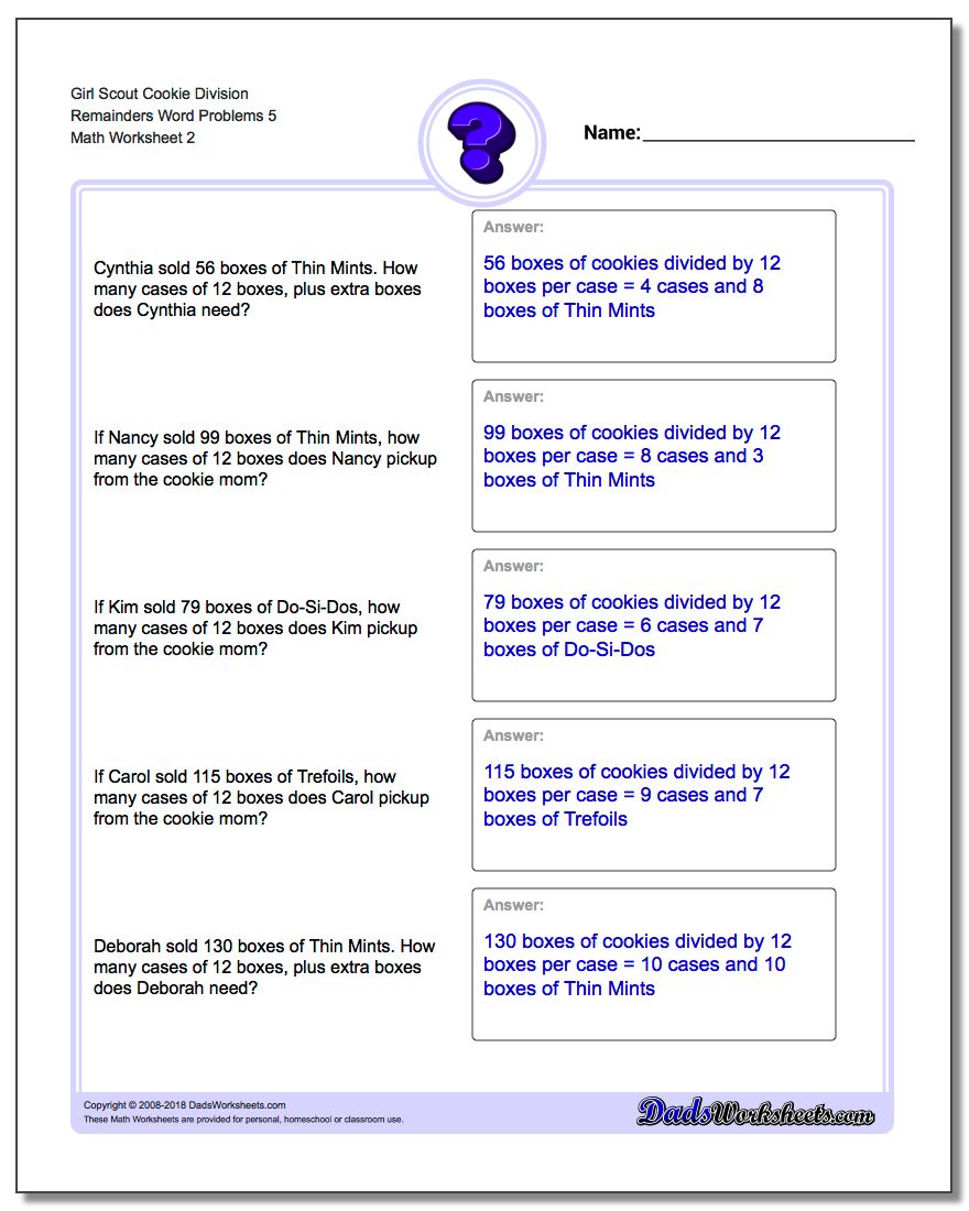Girl Scout Cookie Division Worksheet Remainders Word Problems Worksheet 5 www.dadsworksheets.com/worksheets/word-problems.html
