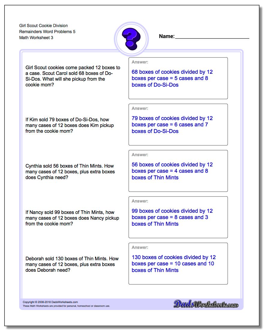 Girl Scout Cookie Division Worksheet Remainders Word Problems Worksheet 5