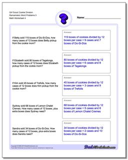 Girl Scout Cookie Division Worksheet Remainders Word Problems Worksheet 5