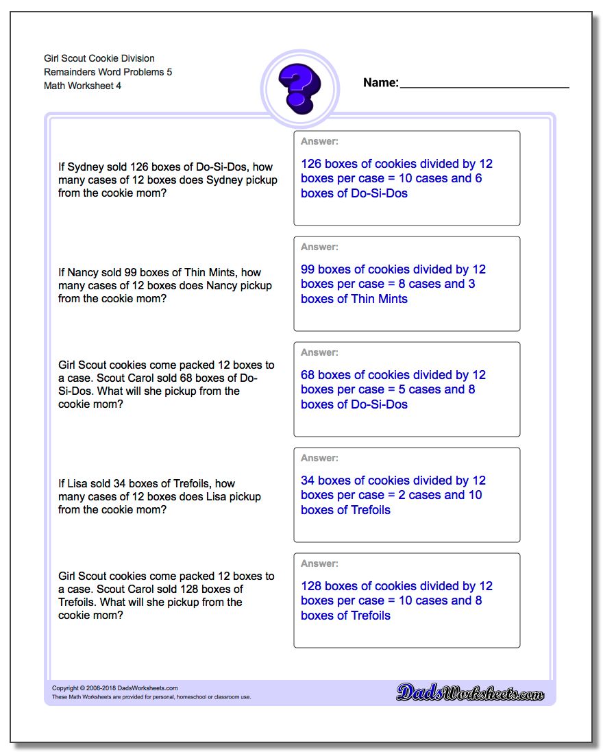 Girl Scout Cookie Division Worksheet Remainders Word Problems Worksheet 5