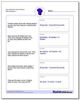 Word Problems Worksheet Easy Subtraction Worksheet