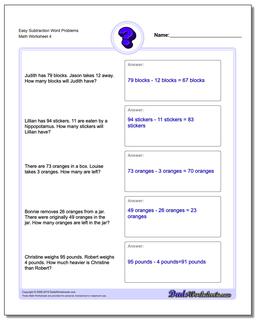 Easy Subtraction Worksheet Word Problems Worksheet