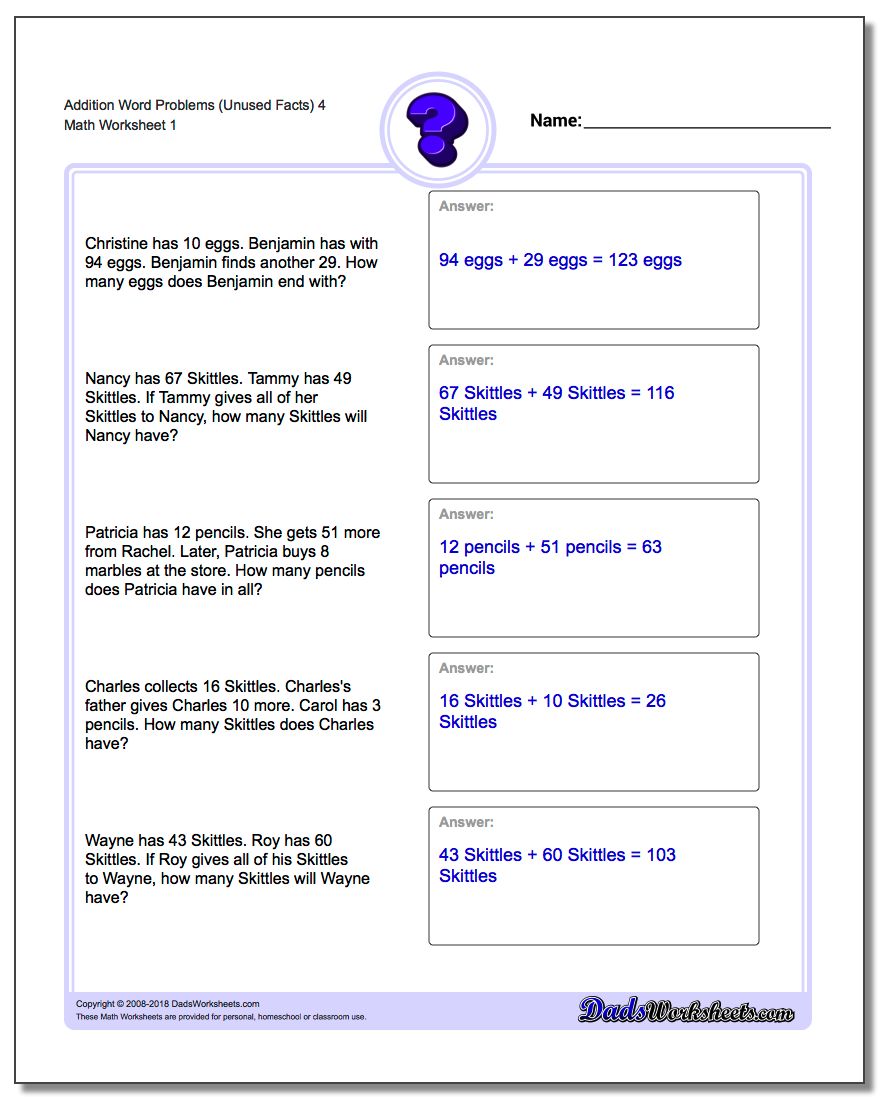 Word Problems Worksheet Addition Worksheet (Unused Facts) 4