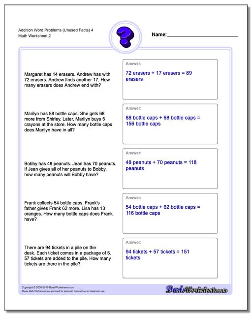 Word Problems: Extra Facts Addition Word Problems