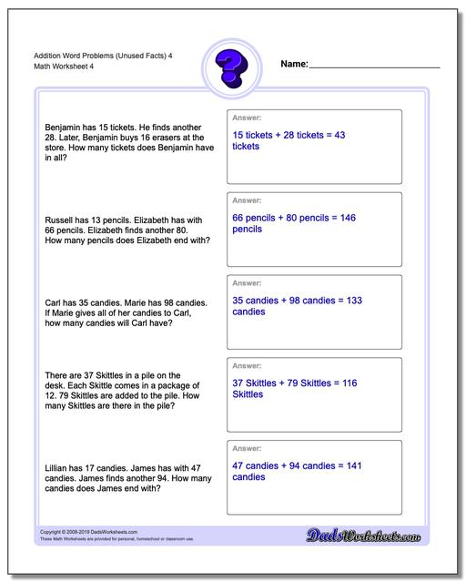 Word Problems: Extra Facts Addition Word Problems
