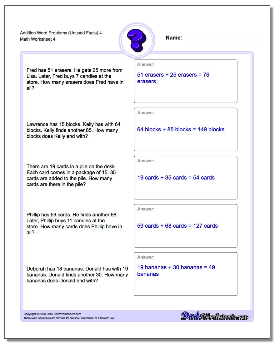 Addition Worksheet Word Problems Worksheet (Unused Facts) 4