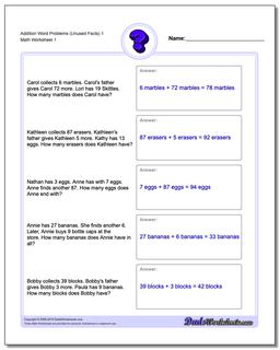 Word Problems Worksheet Addition Worksheet (Unused Facts) 1