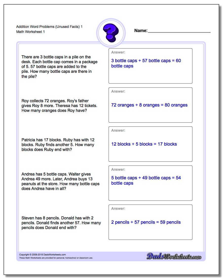 Word Problems Worksheet Addition Worksheet (Unused Facts) 1