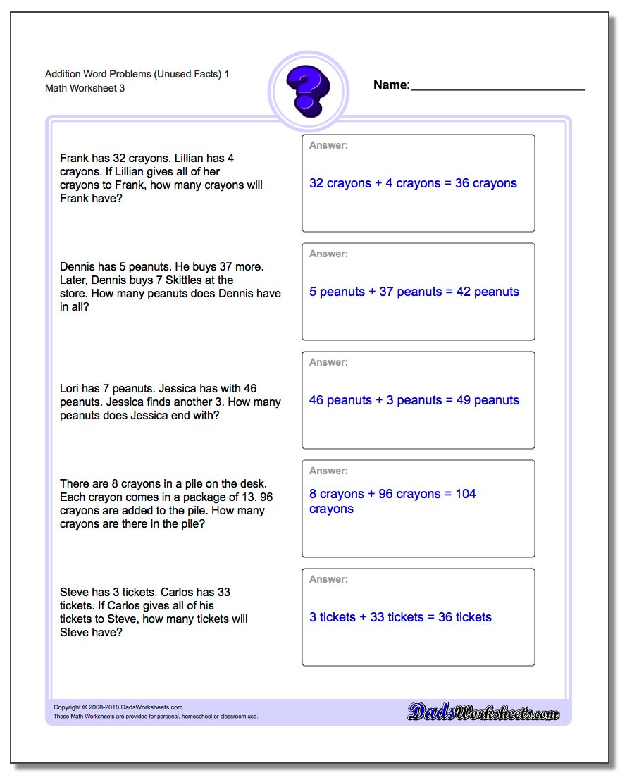 Addition Worksheet Word Problems Worksheet (Unused Facts) 1