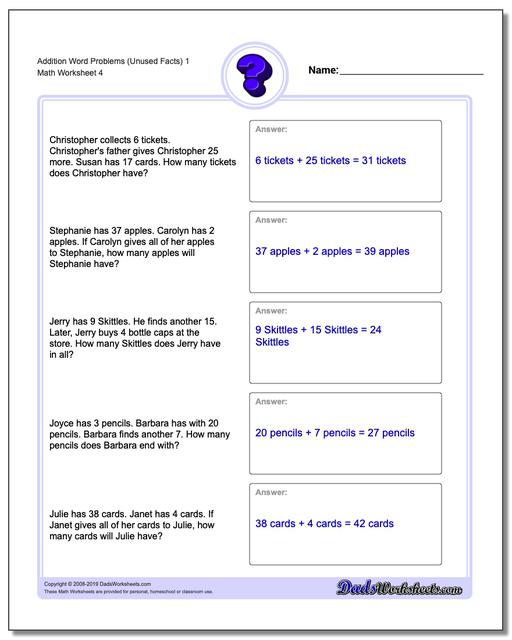 Word Problems: Extra Facts Addition Word Problems