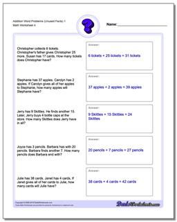 Addition Worksheet Word Problems Worksheet (Unused Facts) 1