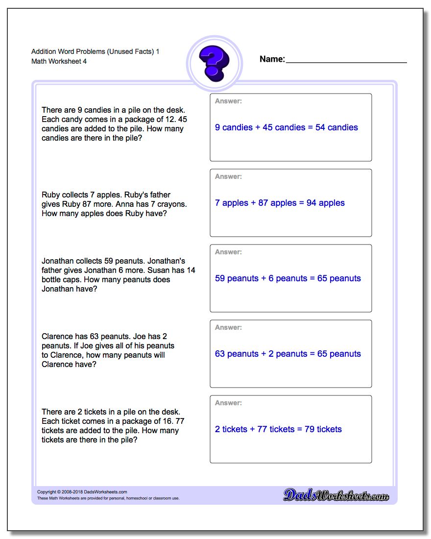Addition Worksheet Word Problems Worksheet (Unused Facts) 1